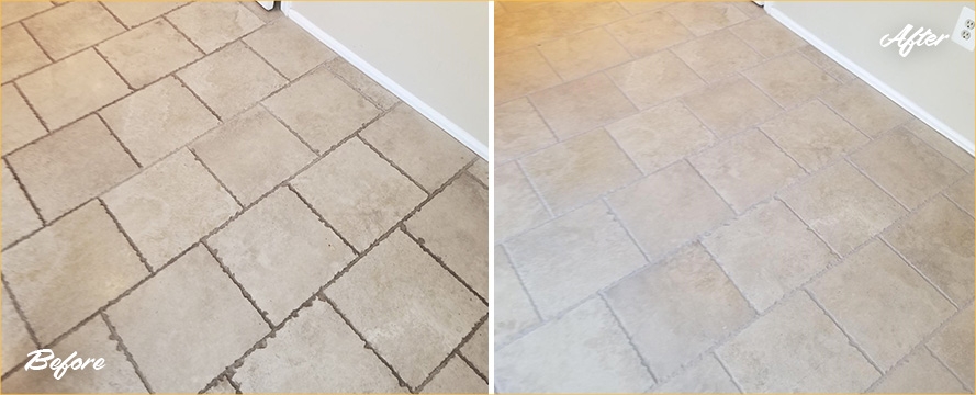 Floor Before and After a Remarkable Grout Recoloring in Flushing, NY
