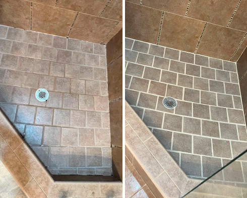 Shower Floor and Seams Before and After a Grout Cleaning in Forest Hill