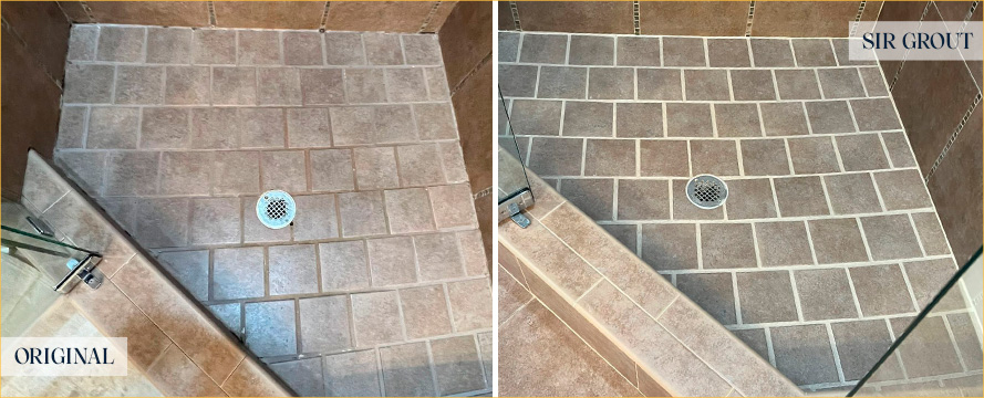 Shower Floor and Seams Before and After a Grout Cleaning in Forest Hill