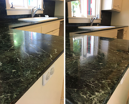 Serpentine Marble Countertop Before and After a Stone Polishing in Whitestone