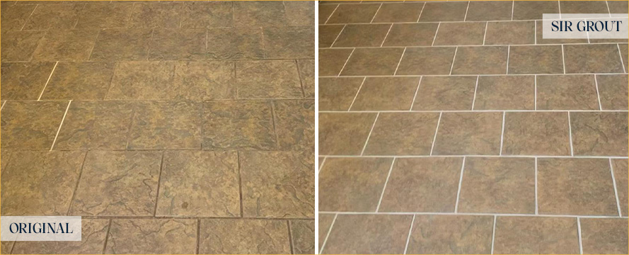 Porcelain Tile Floor Before and After a Grout Cleaning in Flushing, NY