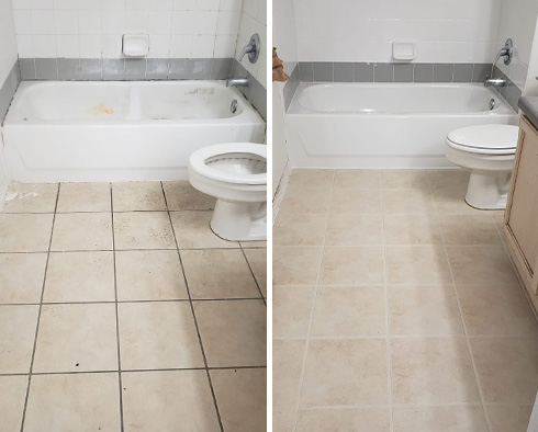 Bathroom Floor Before and After a Grout Cleaning in Queens