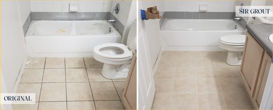 Bathroom Floor Before and After a Grout Cleaning in Queens