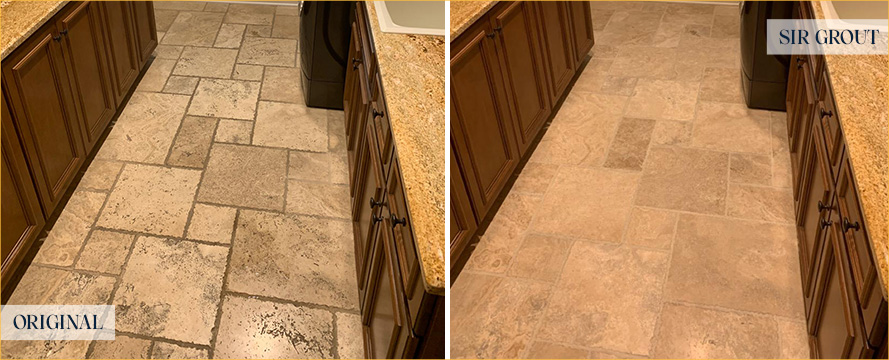 Travertine Floor Before and After a Grout Cleaning in Oakland Gardens, NY